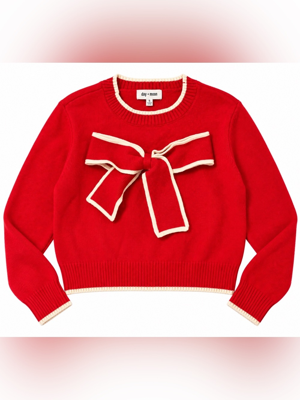 Day + Moon Red Bow Knit Sweater Cream Trim Size Small